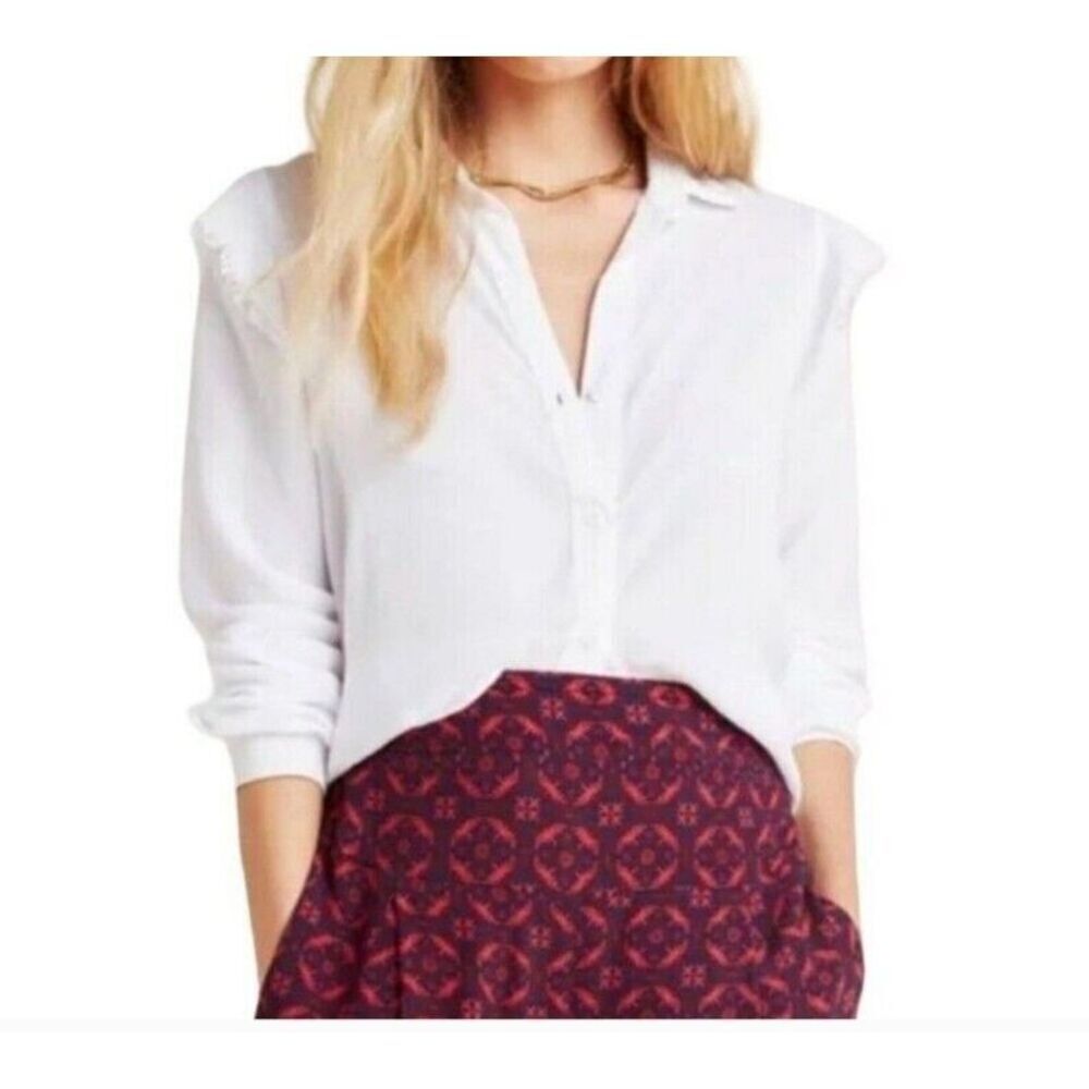 Cloth & Stone Anthropologie‎ Shirt Medium White Ruffle Long Sleeve Button Down